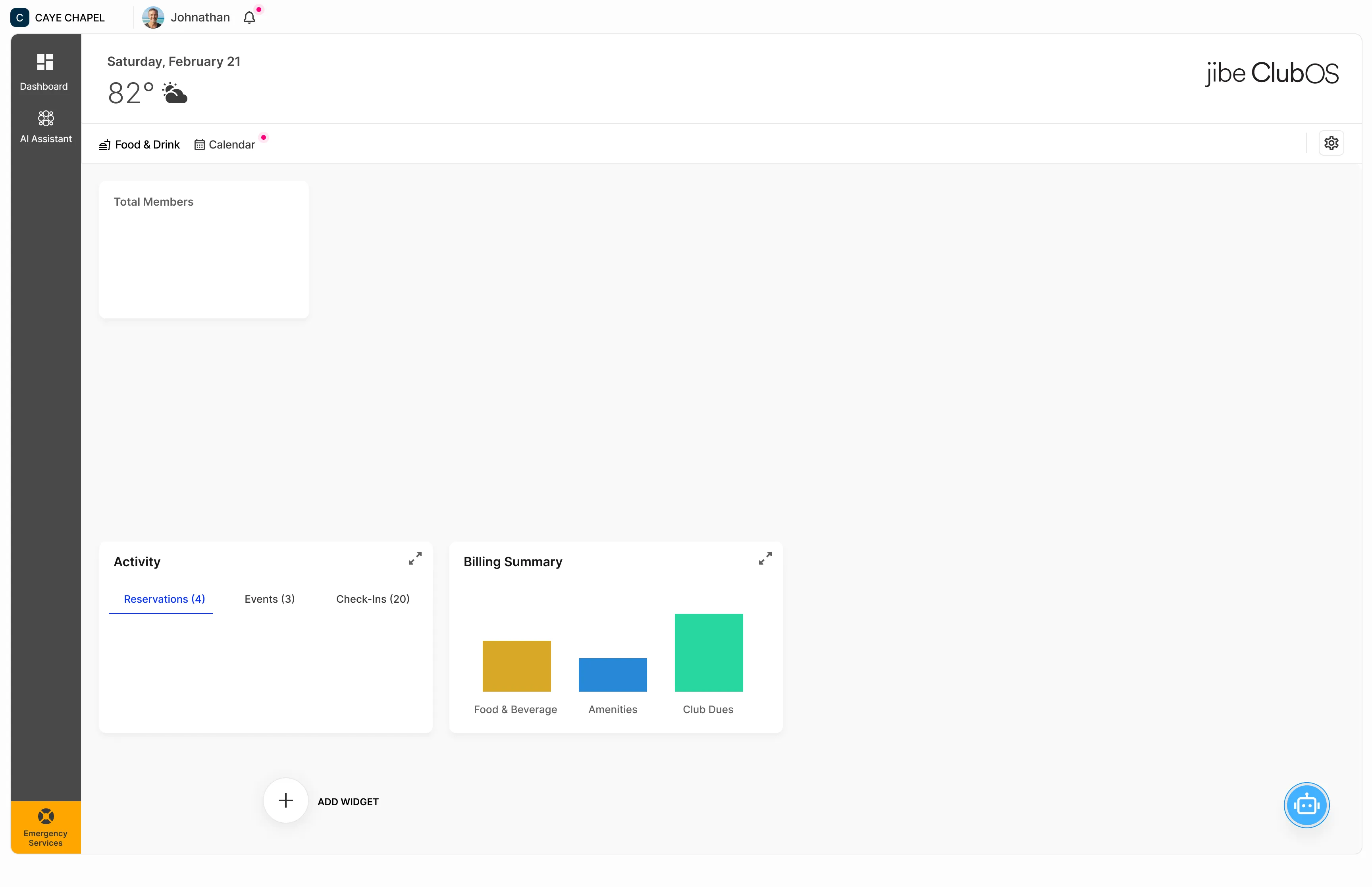 The Jibe ClubOS management dashboard, showing daily club activity, member totals, and a billing summary.